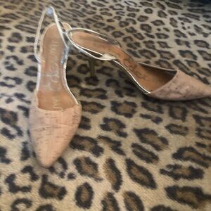 Tan Cork Pattern Sam Edelman sling back (Carolyne) with gold heel
